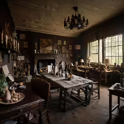 an empty room has several tables in it