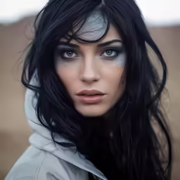 the woman with her hair blowing in the wind