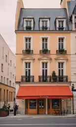 a tall brown building with a red awning