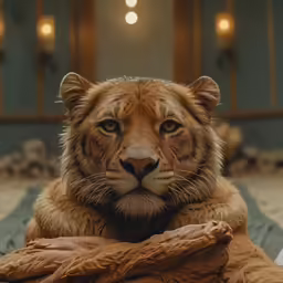 a close - up view of a tiger lying on a bed