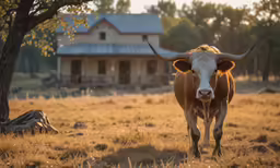 an angry cow is looking at the camera in front of a house