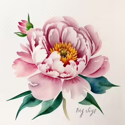 a pink peony with green leaves and a yellow center,watercolor drawing of pink peoni flower on a white sheet of paper