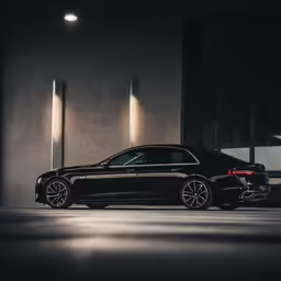 the car is on the concrete area and it is in dark