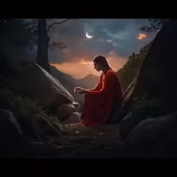 a man sitting on top of a mountain in the darkness