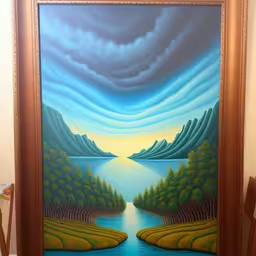 an image of a painting on the wall,the painting shows an image of a landscape,the painting in the frame has mountains and a river running through it,a picture of the view of a river near mountains,this is a painting that looks like it is a painting