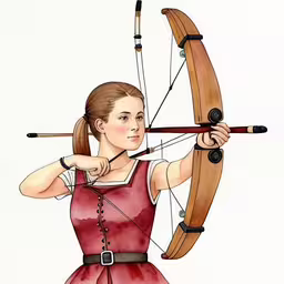 a watercolor painting of a girl holding up a bow and arrow,a girl dressed in red with a bow and arrows