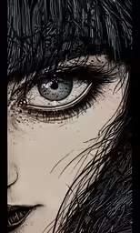 an eye with blue and black hair