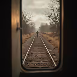 the view out of an abandoned train window shows a lone man