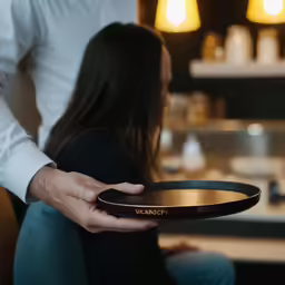a woman sitting in a chair, holding a large black bowl with the word veranc on it