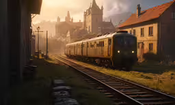 a train going by in the evening by the building,a train traveling down train tracks near an old building