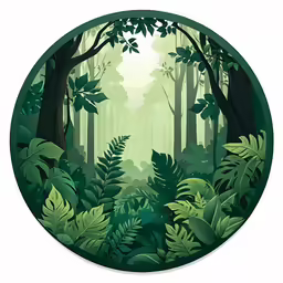 a circular green jungle scene with trees and ferns