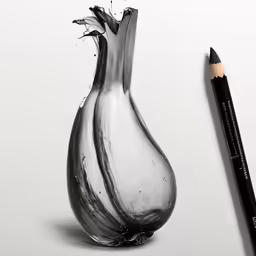 a glass vase with a black pencil on a table