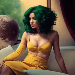 a woman with green hair sitting on a couch