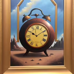 a painting of a large black clock in a gold frame,an abstract painting of an alarm clock that appears to be in a frame
