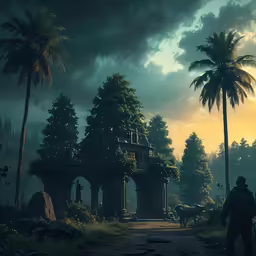 two people walking in a dark jungle with palm trees