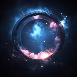 an artistic view of a circular space with some pink and blue smoke coming out