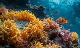an orange and white clown fish in its coral habitat
