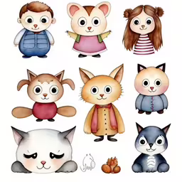 a watercolor painting of some little animals,the different kinds of cute animals are grouped together,a set of eight cute animals painted in different colors,a painting of many cats with different eyes,an image of cute cartoon animals on white