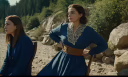 a woman standing next to another person wearing blue dress