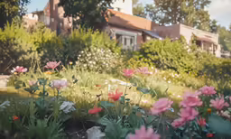 some flowers are growing in the yard by a house