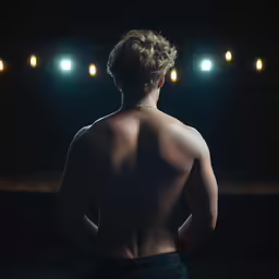 the back of a woman who is naked in front of a spotlight