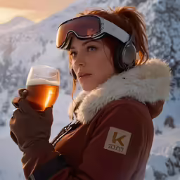 woman holding glass with beer and headphones while wearing jacket