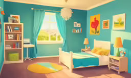 there is a blue and white room with a small bed
