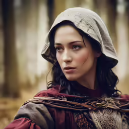 a beautiful young woman in a hat in the woods