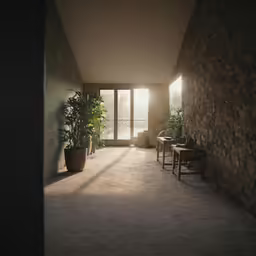 the sun is shining through an open window in a long room