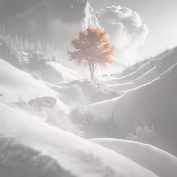 a tree on a snowy hill with clouds and sun