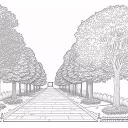 an illustration of the entrance to the garden,an illustration of a pathway lined with trees