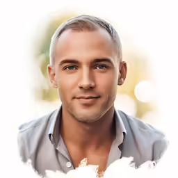 man with blond hair and blue eyes with white feathers