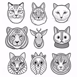 a set of nine drawings of different animals