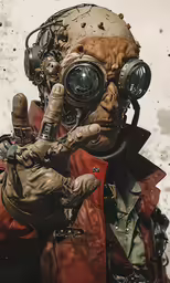 a man with gas mask holding up his hand