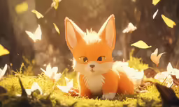 an orange and white doll sitting in the grass