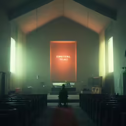 there is a red sign above the pews in a church