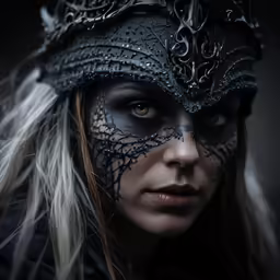 a woman with long hair wearing a black mask