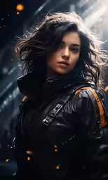 woman in black leather jacket looking to her left