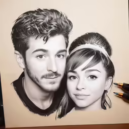 a black and white drawing of two people, one wearing a tiara