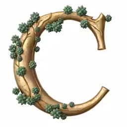 an alphabet with gold paint and green leaves on top
