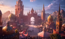 a group of people standing outside of a castle