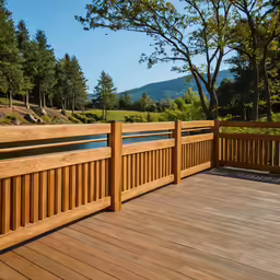 a long brown wooden deck next to a river