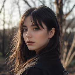 an asian girl with short bangs looks at the camera