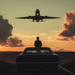 a man sitting on the hood of a car next to an airplane