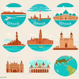 a set of different sights of the world,the seven countries with their travel icons