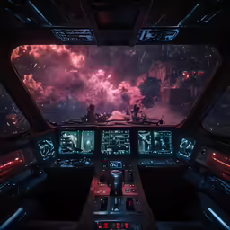 an airplane cockpit showing lights and a ceiling with stars