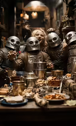 a woman standing by three men who are wearing robot helmets
