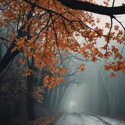 a road lined with trees on either side during the fall