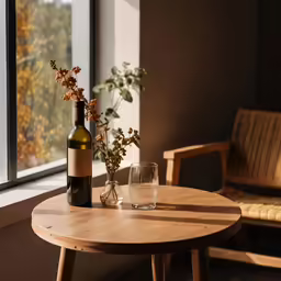 a wine bottle and a glass sitting on a table near a window