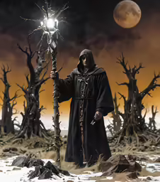 a man in a dark robe holds a light up staff